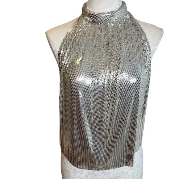 Whiting & Davis Tops - Whiting Davis Vintage 1970s Womens Top One Size Silver Halter Mesh Casual